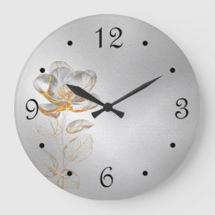 Gold Flower Silver Numbers Large Clock