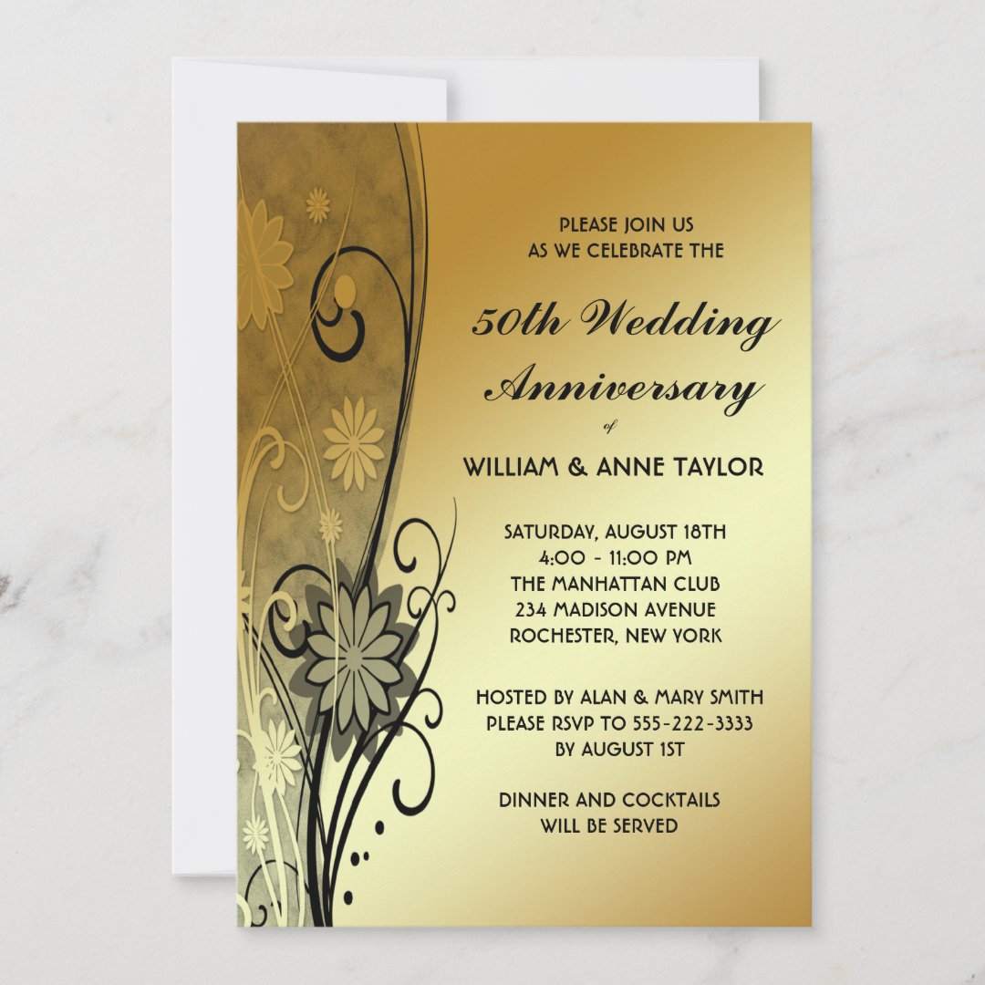 Gold Flower Swirls 50th Anniversary Invitations | Zazzle