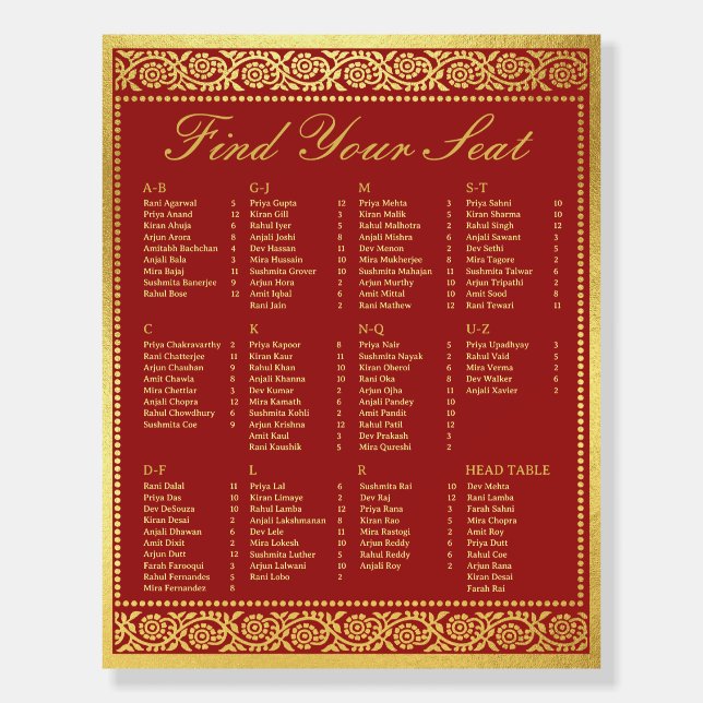 Gold Flower Wedding Seating Chart w/ Table Numbers Foam Board (Front)