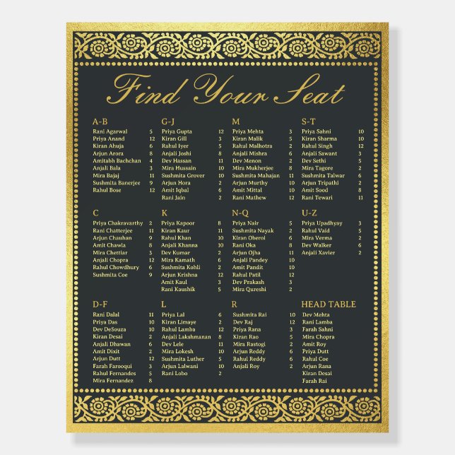 Gold Flower Wedding Seating Chart w/ Table Numbers Foam Board (Front)
