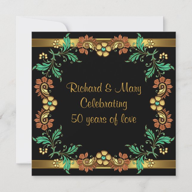 Gold Flowers 50th Wedding Anniversary Party Invitation (Front)