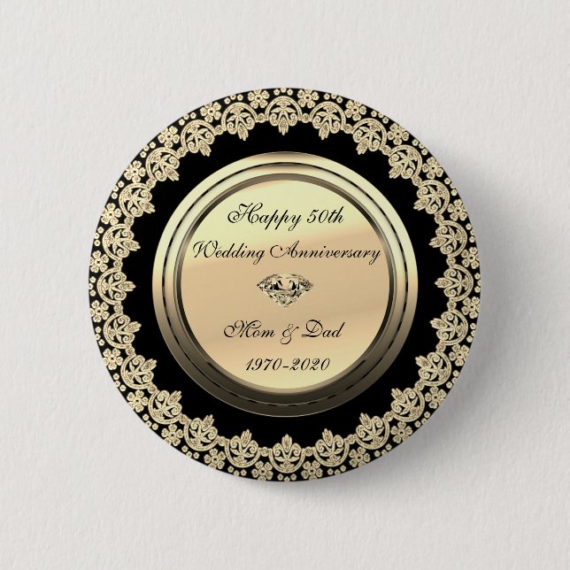 Gold Flowers  Black 50th Wedding Anniversary Button (Front)