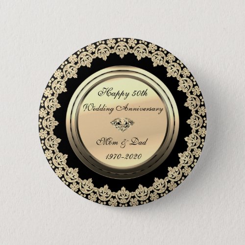 Gold Flowers  Black 50th Wedding Anniversary Button