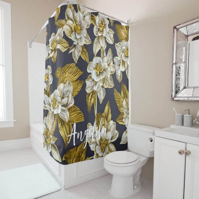 Gold Flowers Black Background Custom Name Shower Curtain (In Situ)