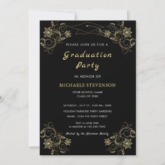 Gold Flowers Black Graduation Party Invitation Cap | Zazzle