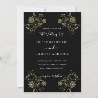 Gold Flowers Black Luxury Wedding Invitation | Zazzle