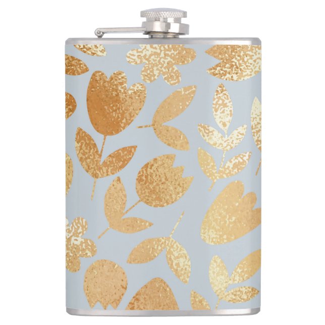 Gold flowers, blue background, foil imitation. flask (Front)