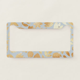 Gold flowers, blue background, foil imitation. license plate frame