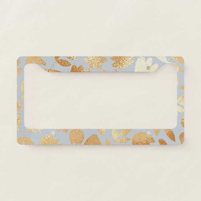 Gold flowers, blue background, foil imitation. license plate frame (Front)