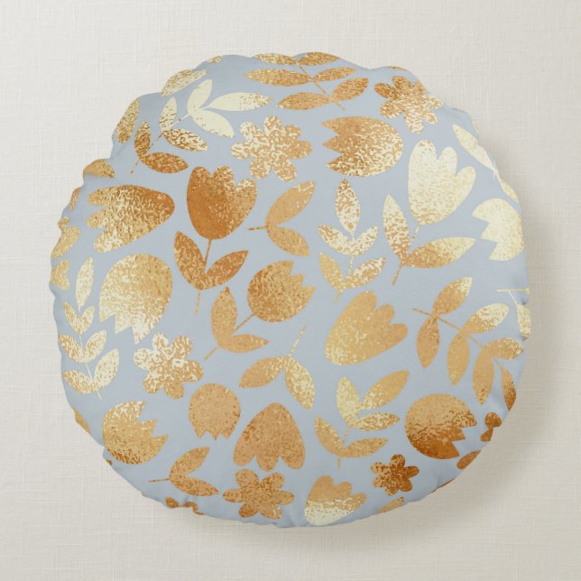Gold flowers, blue background, foil imitation. round pillow (Front)
