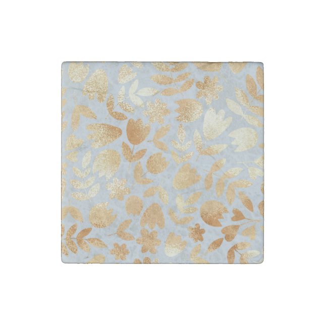Gold flowers, blue background, foil imitation. stone magnet (Front)