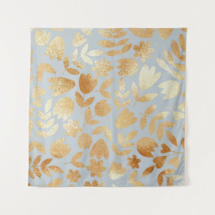 Gold flowers, blue background, foil imitation. tapestry