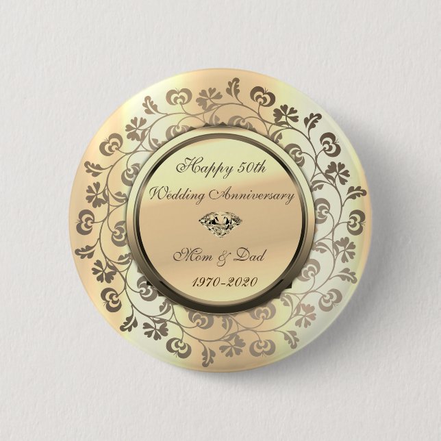 Gold Flowers Diamond 50th Wedding Anniversary Button (Front)
