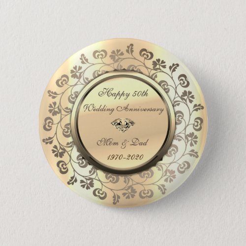 Gold Flowers Diamond 50th Wedding Anniversary Button