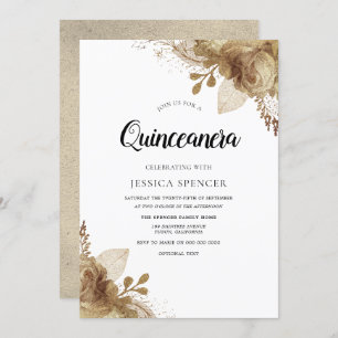 Gold Flowers Elegant Quinceanera Party Invite