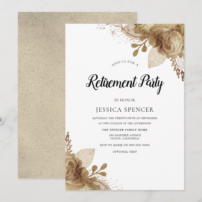 Gold Flowers Elegant Retirement Party Invite (Front/Back)