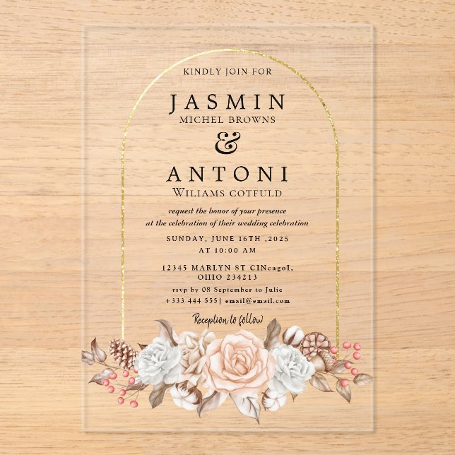 gold  Flowers  Fall Foliage Wedding  Acrylic Invitations (Front)