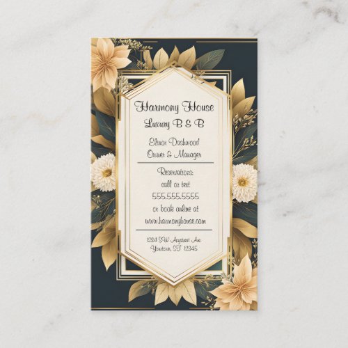 Gold Flowers  Frame Green Background Luxury BB Business Card
