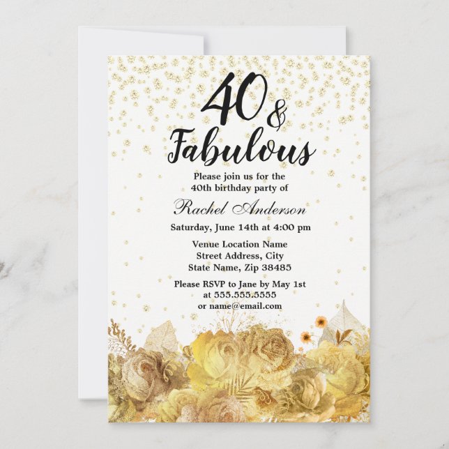 Gold Flowers Glitter 40 and Fabulous 40th Birthday Invitation (Front)