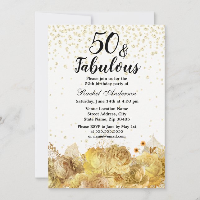 Gold Flowers Glitter 50 and Fabulous 50th Birthday Invitation (Front)