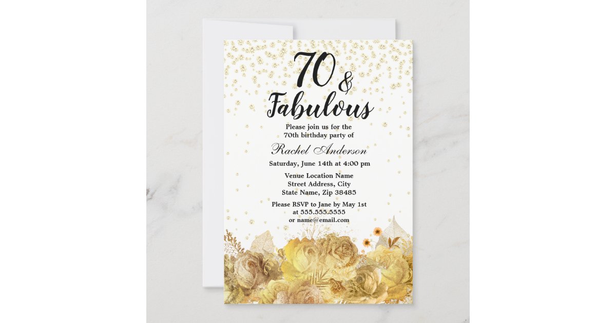 Gold Flowers Glitter 70 and Fabulous 70th Birthday Invitation | Zazzle