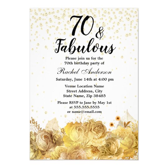 Gold Flowers Glitter 70 and Fabulous 70th Birthday Invitation | Zazzle.com