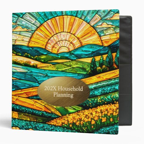 Gold Flowers Green Countryside Faux Stained Glass 3 Ring Binder