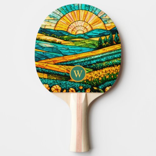 Gold Flowers Green Countryside Faux Stained Glass Ping Pong Paddle