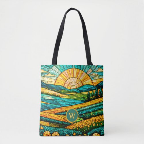 Gold Flowers Green Countryside Faux Stained Glass Tote Bag