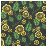 Gold flowers/green leaves/Folk art floral/black Fabric