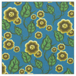 Gold flowers/green leaves/Folk art floral/blue Fabric