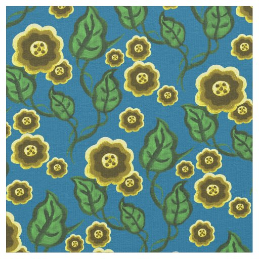 Gold flowers/green leaves/Folk art floral/blue Fabric