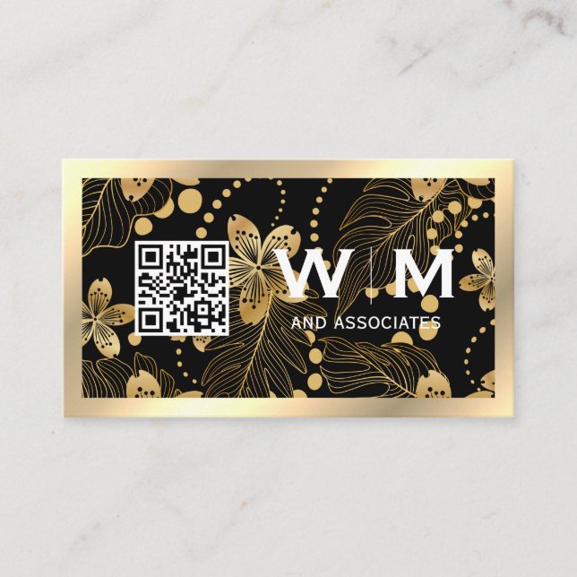 Gold Flowers Monogram | QR CODE Business Card (Front)