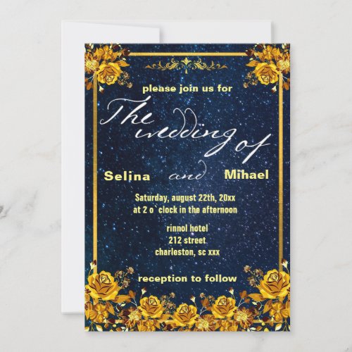 gold flowers on a starry background invitation