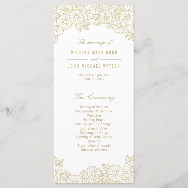 Gold Flowers on White Wedding Program Rack Cards (Front)