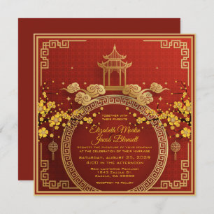 Gold Flowers & Pagoda Red Chinese Wedding Invitati Invitation