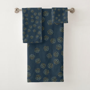 Gold Flowers Pattern Black Bath Towel Set
