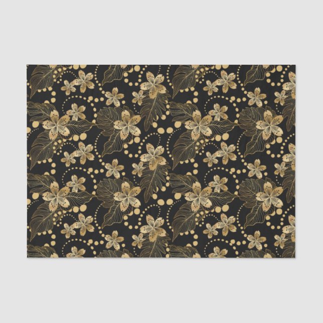 Gold Flowers Pearls and Leaves on Black Decoupage Tissue Paper (Front)