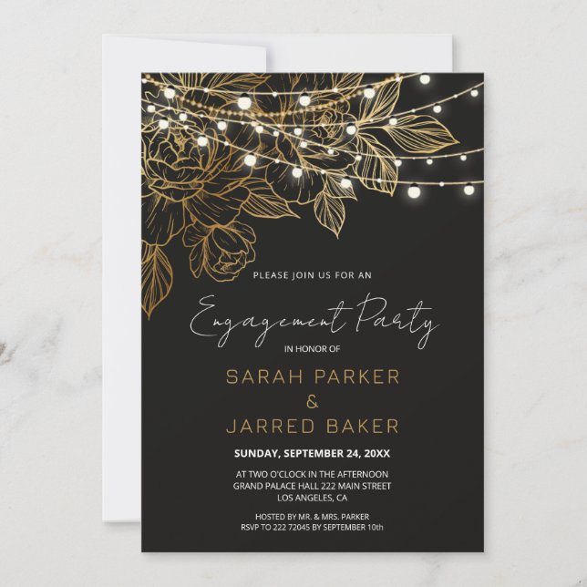 Gold Flowers String Lights Wedding Engagement Invitation (Front)