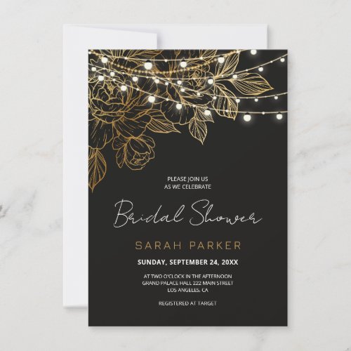 Gold Flowers String Lights Wedding Invitation