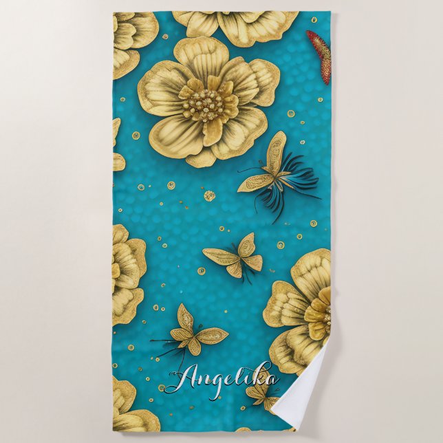 Gold Flowers Teal Background Custom Name Beach Towel (Front)