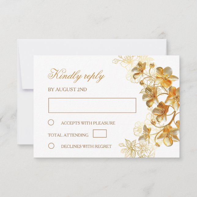 Gold Flowers Wedding RSVP Card (Front)