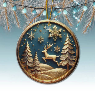Gold Flying Reindeer, Trees, Snowflakes, Deer 🦌🎄 Ceramic Ornament