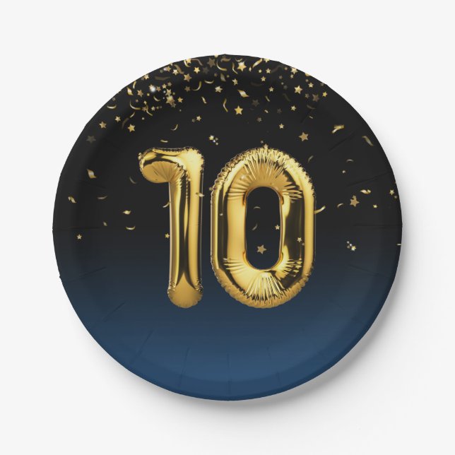 Gold Foil 10 Balloons And Confetti Paper Plate (Front)