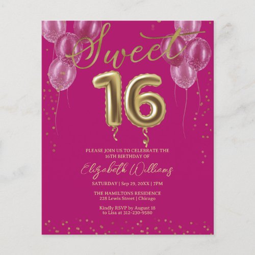 Gold Foil 16 Bday Balloons Pink Budget Invitations