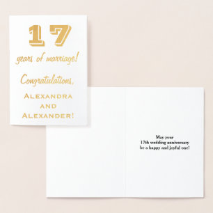Gold Foil 17th Wedding Anniversary + Custom Names Card