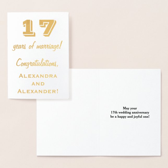 Gold Foil 17th Wedding Anniversary + Custom Names Foil Card (Display)