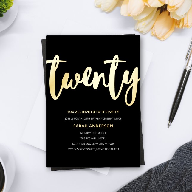 Gold Foil 20th Birthday Party  Foil Invitation (Creator Uploaded)