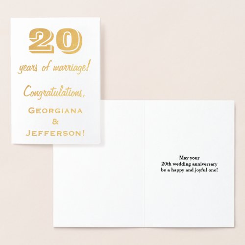 Gold Foil 20th Wedding Anniversary  Custom Names Foil Card