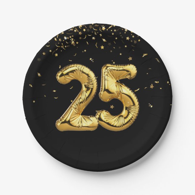 Gold Foil 25 Balloons And Confetti Paper Plate (Front)